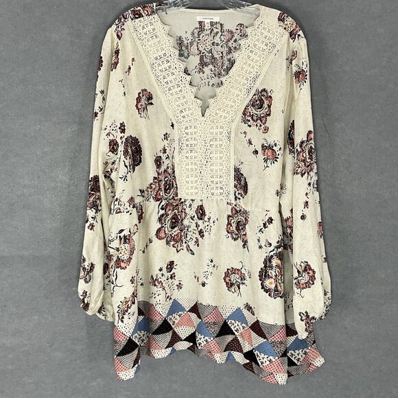 Maurices Top Women Sz‎ 2X V-Neck Floral Lace Patchwork Peasant Boho - Picture 1 of 16